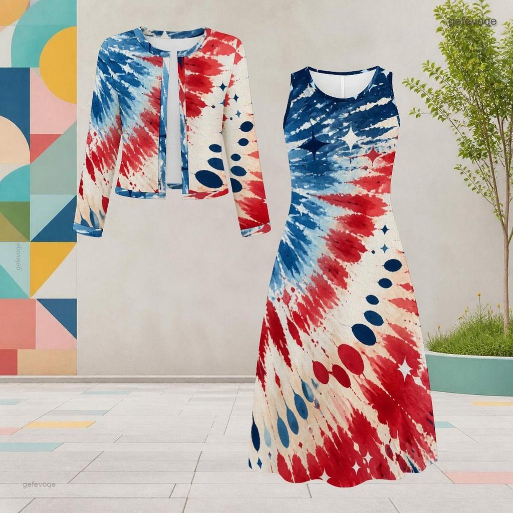 Women Plus Size Dark Blue Printed Round Neck Long Sleeve Cropped Cardigan Sleeveless Dress Two Piece Set