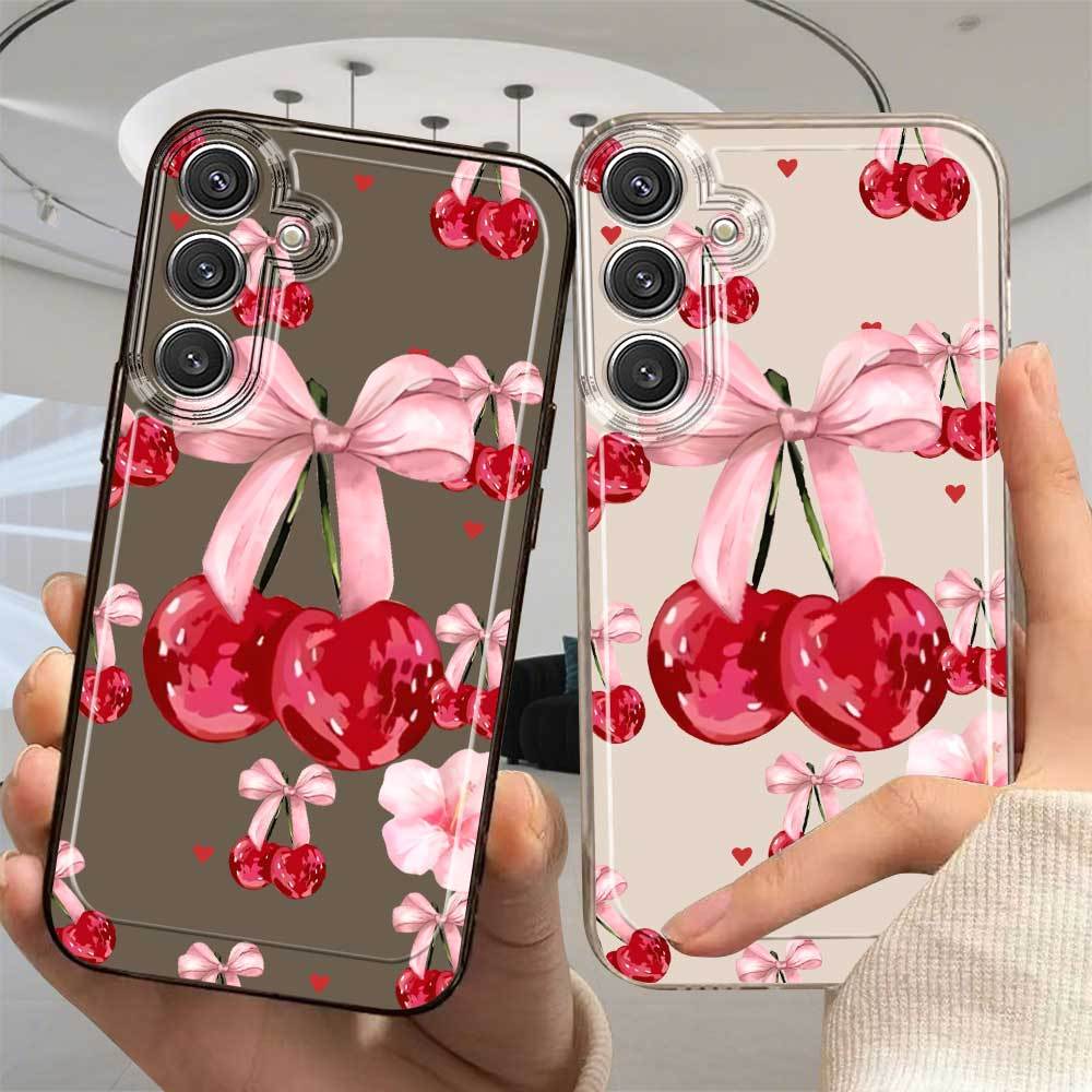 Red bow-shaped cherry pattern TPU transparent phone case suitable for Samsung S26 S25 S24 S23 S22 S21 S20 and other models.