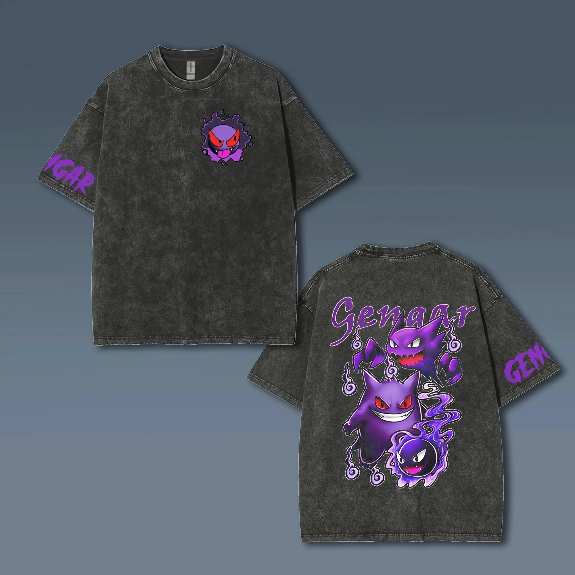 Fashion Hip Hop Clothes Pok&eacute;mon Animatie Afgeleiden Gengar Print Retro Gewassen Korte Mouw T-shirt Heren en Dames 2025 Zomer Mode Kleding S blauw