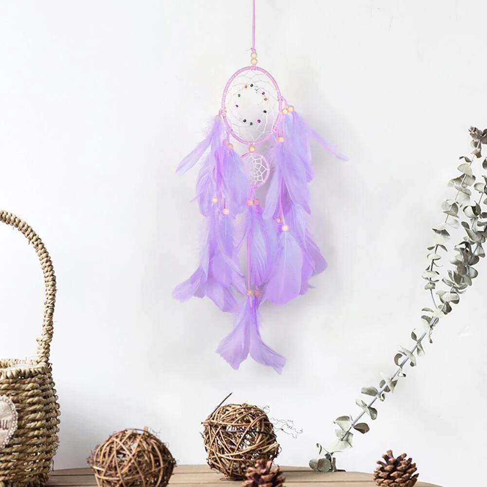Romantic Heart Shaped Dream Catcher Double Ring Purple Feather Dream Catcher Wall Hanging Home Car Decor Craft Christmas Gift