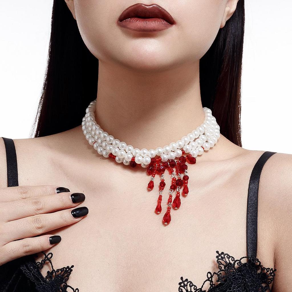 Gothic Blood Drop Tassel Pearl Choker Necklace