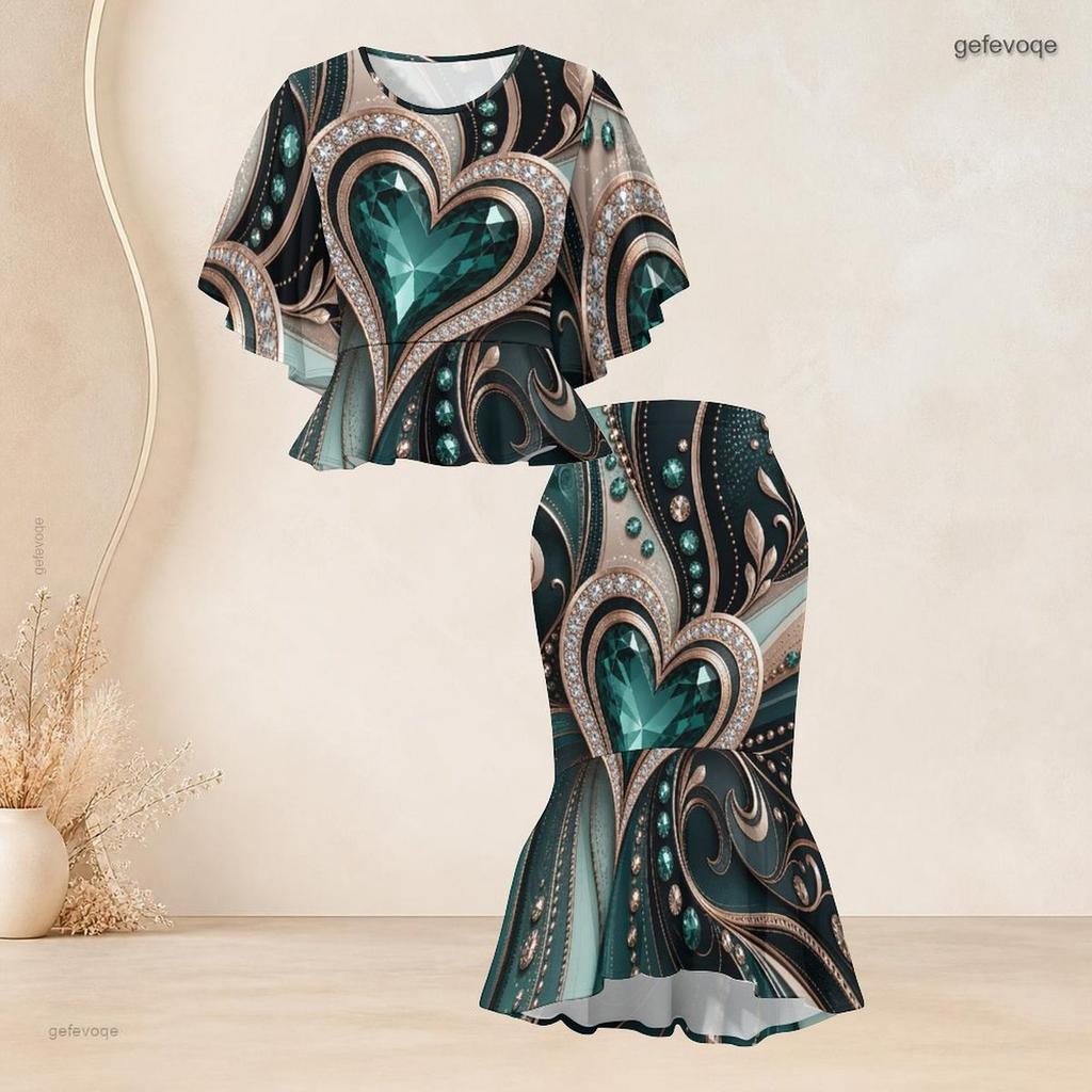 Women Plus Size Black Green Gold Round Neck Printed Batwing Sleeve Ruffle Top Fishtail Skirt Two Piece Set