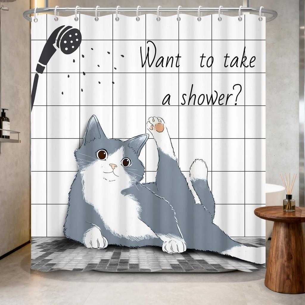 Waterproof Fabric Shower Curtain-Cute Black Cat Animal Print Bathroom Curtain for Kids, Funny Bath Curtain with Hooks Bathroom