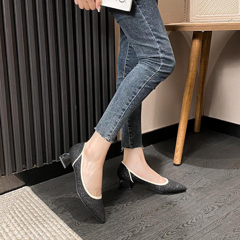 Strength Fashion Versatile Flying Knitting Comfortable Coarse Heel Pointed Small Square Head Knitted Women's Shoes