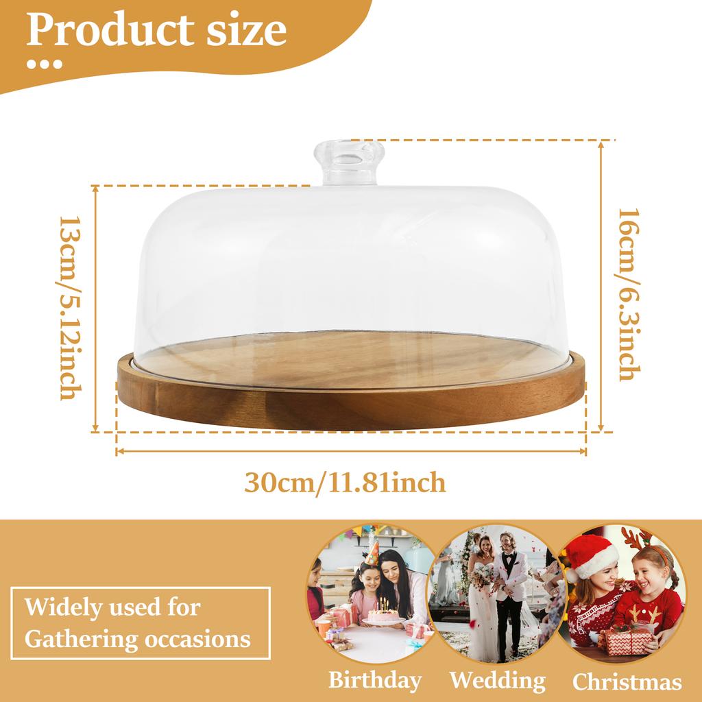Wooden Cake Stand Round Wood Cake Plate with Acrylic Lids Decorative Cake Holder Multi-functional Dessert Platter for Birthdays