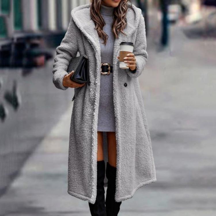 Warm Winter Coat for Women Thick Woolen Mid Calf Overcoat with Hooded Hat Long Sleeve Solid Color Outdoor Lady Jacket