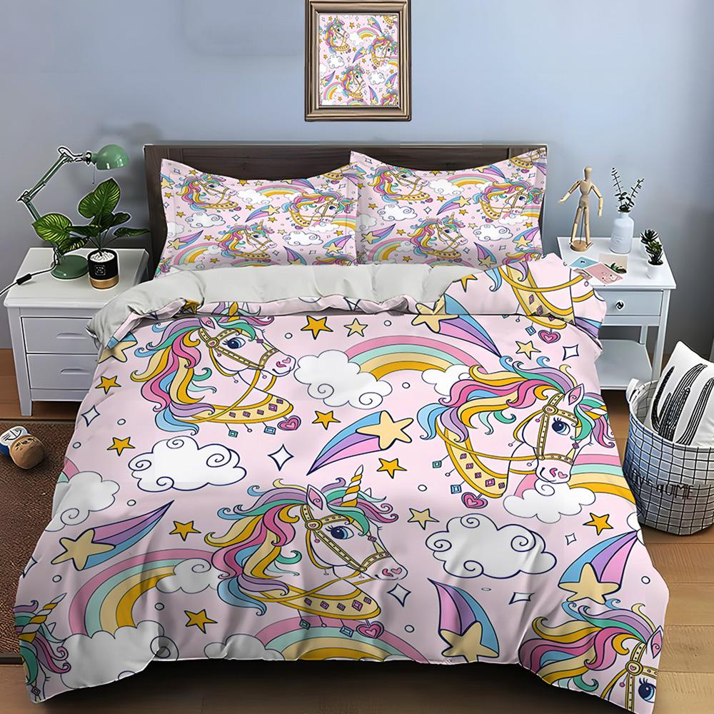 Colorful Unicorns with Stars Clouds Print Bedding Set 1 Duvet Cover 2 Pillowcases for Adult and Children Luxury Gift Full Size