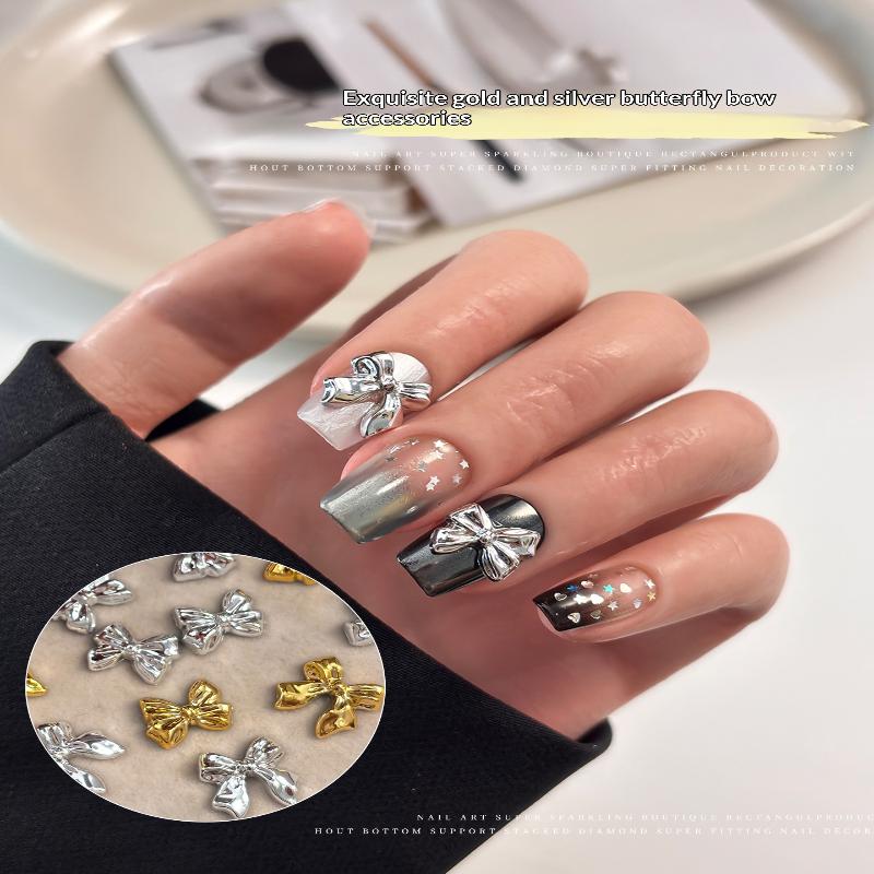 50Pcs Gold Silver Brief French Bow Tie Bowknots Ribbon Resin Nail Art Decorations Manicure Imitation Metal Charms