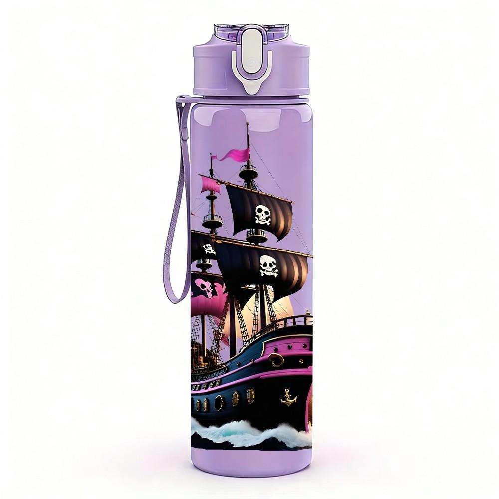 1PC Ancient Sailing Ship Pattern 750ml Color Plastic Sports Water Bottle Leakproof Flip Straw Lid Suitable for Sports Office Home Use