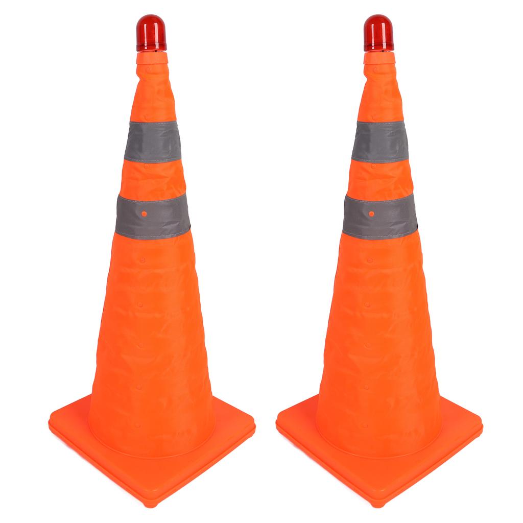 2 Set Traffic Cones Foldable 360 Degrees  Reflective Strips Road Safety Cones with Warning Light 70CM