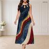 Women Plus Size Round Neck Triple Keyhole Sleeveless Printed Red Blue Silver Long Dress