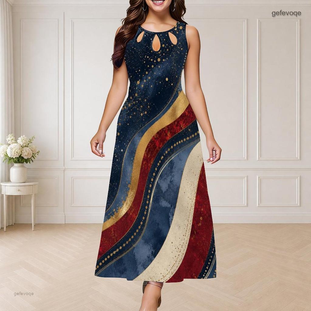 Women Plus Size Round Neck Triple Keyhole Sleeveless Printed Red Blue Silver Long Dress