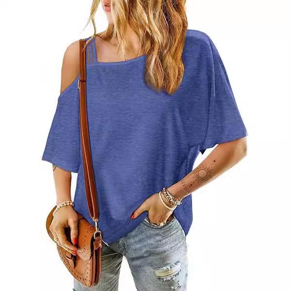 Women's Clothing European and American Cross-Border Summer New Loose Casual One-Shoulder Off-The-Shoulder Loose Short-Sleeved Women's T-Shirt