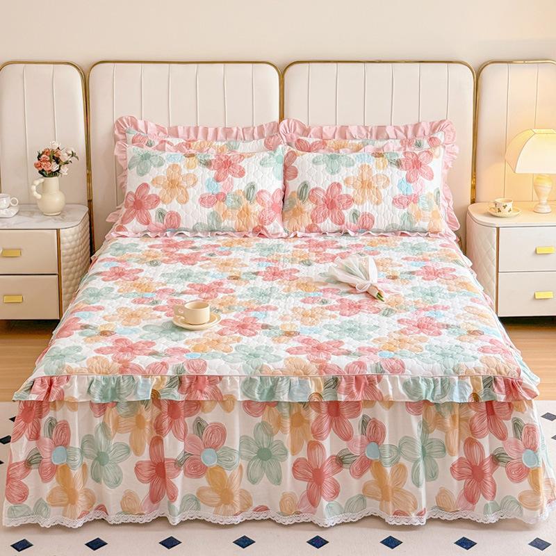Thickened Pure Cotton Padded Bed Skirt Bedspread Cotton Padded Ruffle Edge Protection Non-slip Pillowcase Bedspread Cover