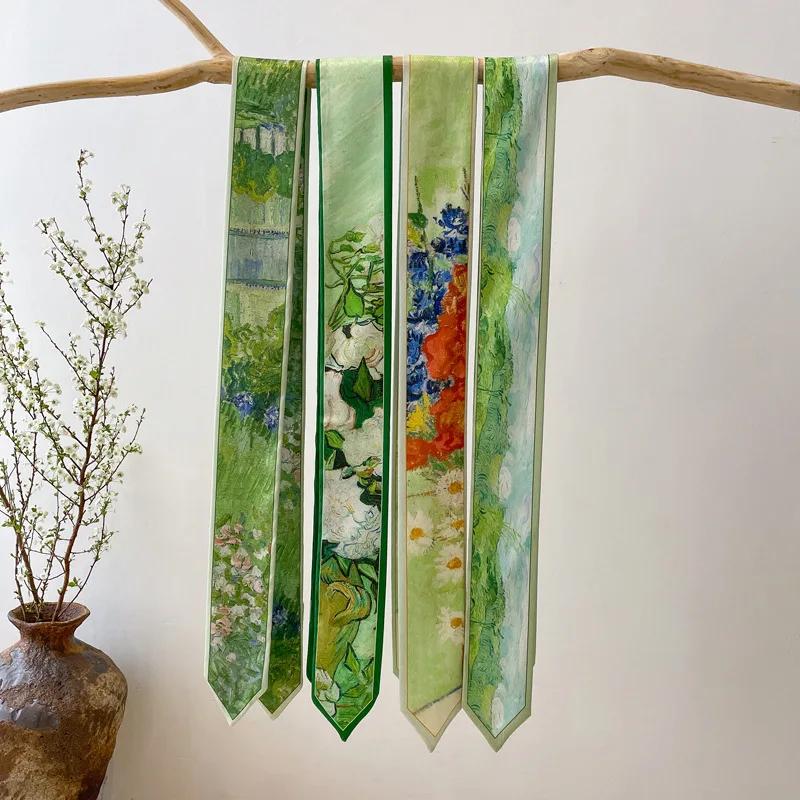 Long Hairband Skinny Neckerchief Women Hair Scarf Fashion Headband Cute Tie Scarves Silk Feel Luxury Print Bag Scarf For Ladies