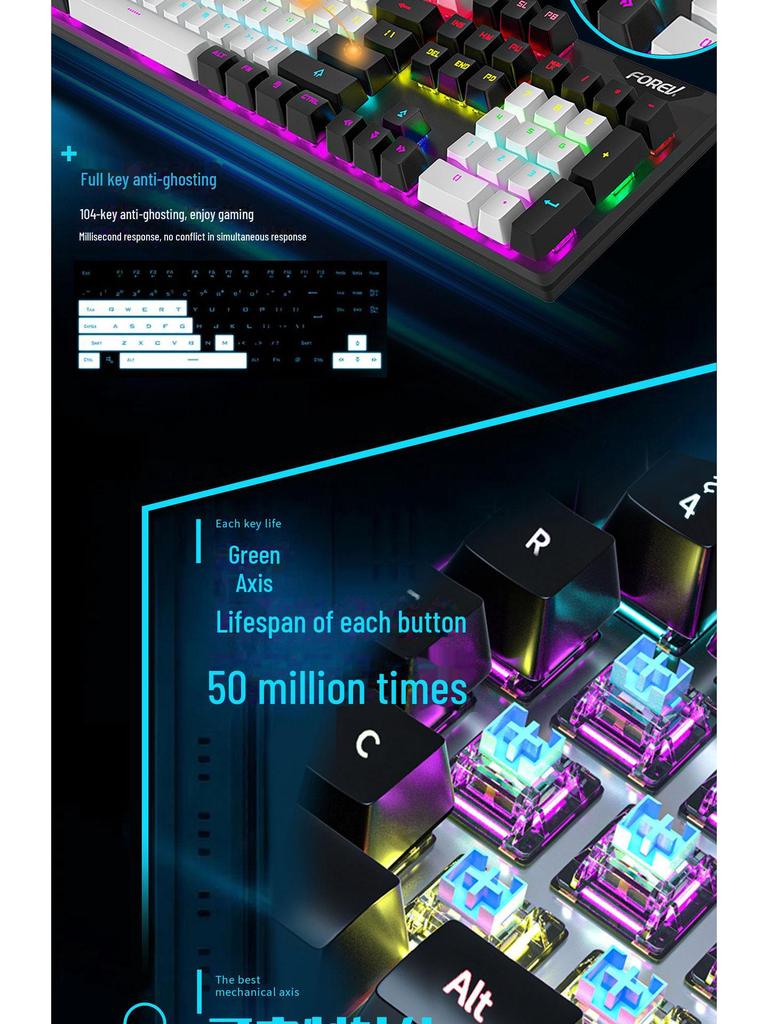 FVQ302 Wired Mechanical Gaming Keyboard - Luminous Backlight, Blue Axis