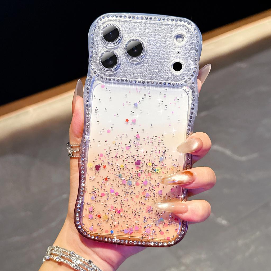 For iPhone 17 Pro Max Case Glitter Epoxy Design TPU Protective Case with Sparkly Rhinestone Decor Wave Frame