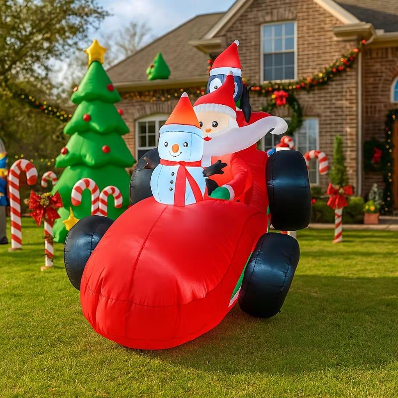 7.8FT/2.4M Inflatable Santa Claus Racing Car with Penguin and Snowman, Glowing Christmas Outdoor Yard Decor