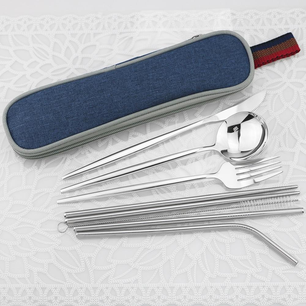 8pc Portable Shiny Gold Travel Flatware Set With Portable Blue Bag Stainless Steel Dinnerware Set Spoon Fork Knife Cutlery Set With Chopsticks Straws