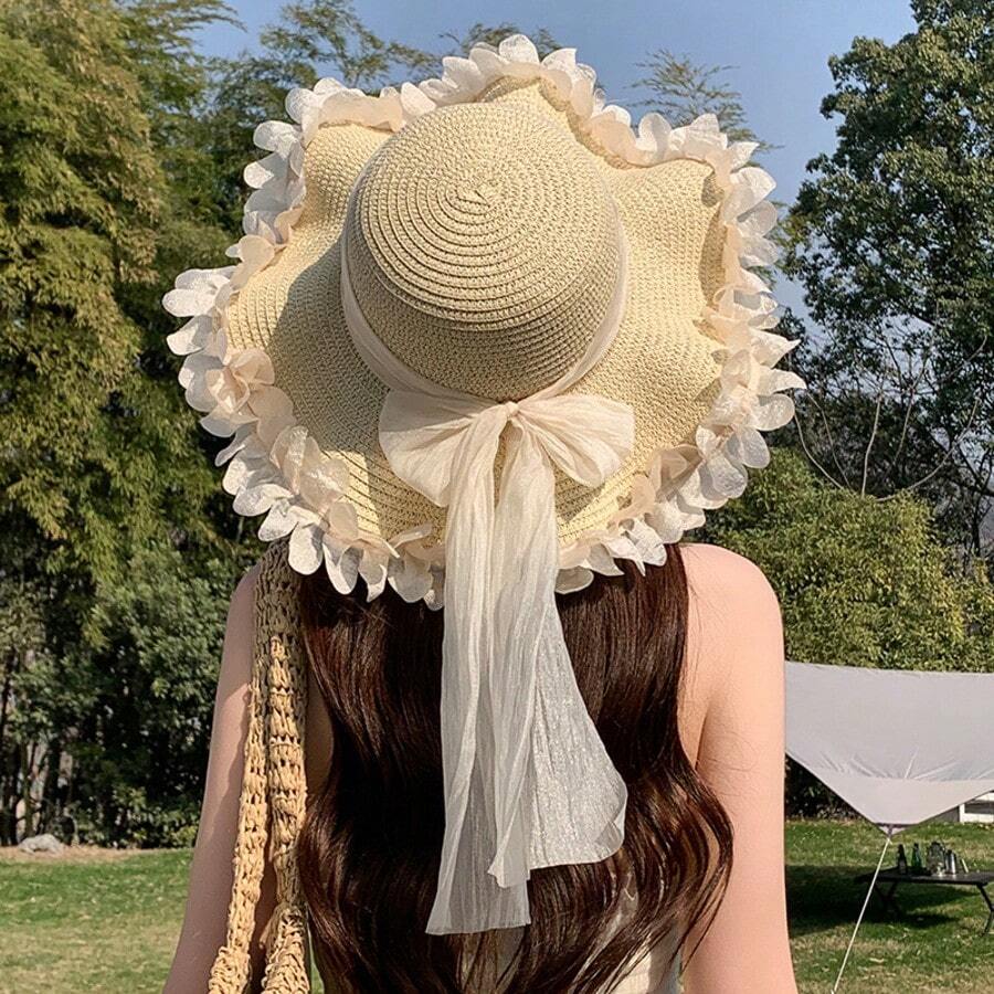 Womens Pearl Lace Straw Sun Hat With Wide Brim For Beach And Outdoor Summer Use