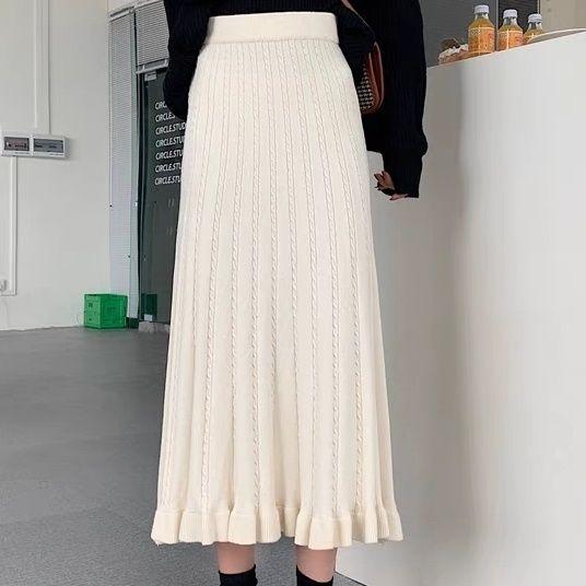 

Autumn Winter Women s High Waist Knitted Wool A-Line Slim-Fitting Long Skirt For Qipao Underskirt Flared Ruffled Design S
