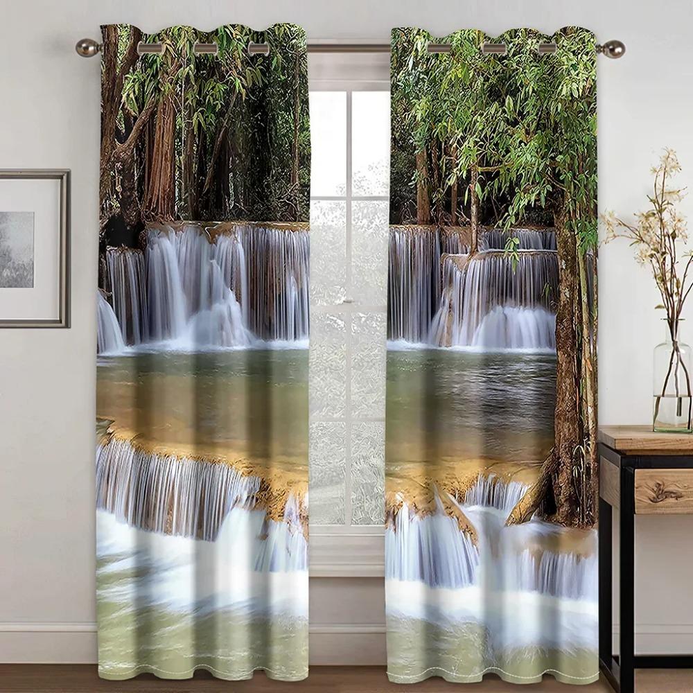 3D Printed Sunshine Forest Waterfall Curtains for Bedroom Drapes Mountain Stream Natural Landscape Window Curtain Living Room