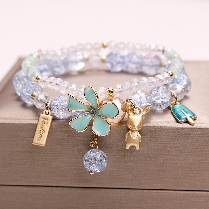 Fresh Flower Gift Fine Jewelry: Korean Simple & Elegant Beaded Bracelet with Floral Pendant for Women/Girls