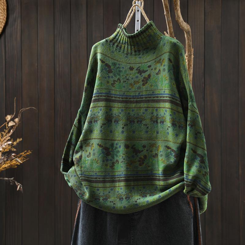 Women's Retro Style Printed Knit Sweater with Half-High Neck