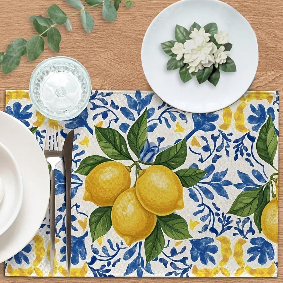 4pcs Dokriy Mediterranean Style Lemon Floral Print Dining Placemats, Vintage Artistic Fruit-Botanical Pattern Table Mats, Decorative Table Accents for