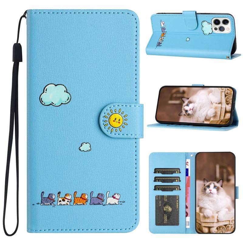 Suitable for Apple 16 Pro Max Phone Case, iPhone 15 Leather Case, Cartoon Painted Case, Flip Cover with Card Slot, 14 Protective Case