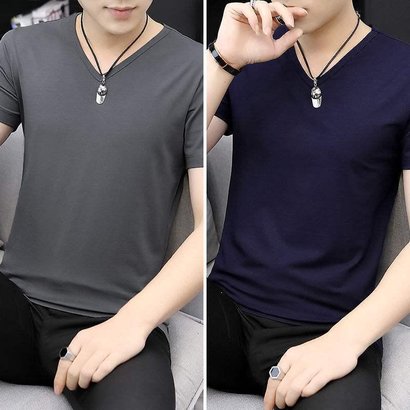 2-pak męskich koszulek z lodowego jedwabiu z dekoltem w serek, z krótkim rękawem, slim fit