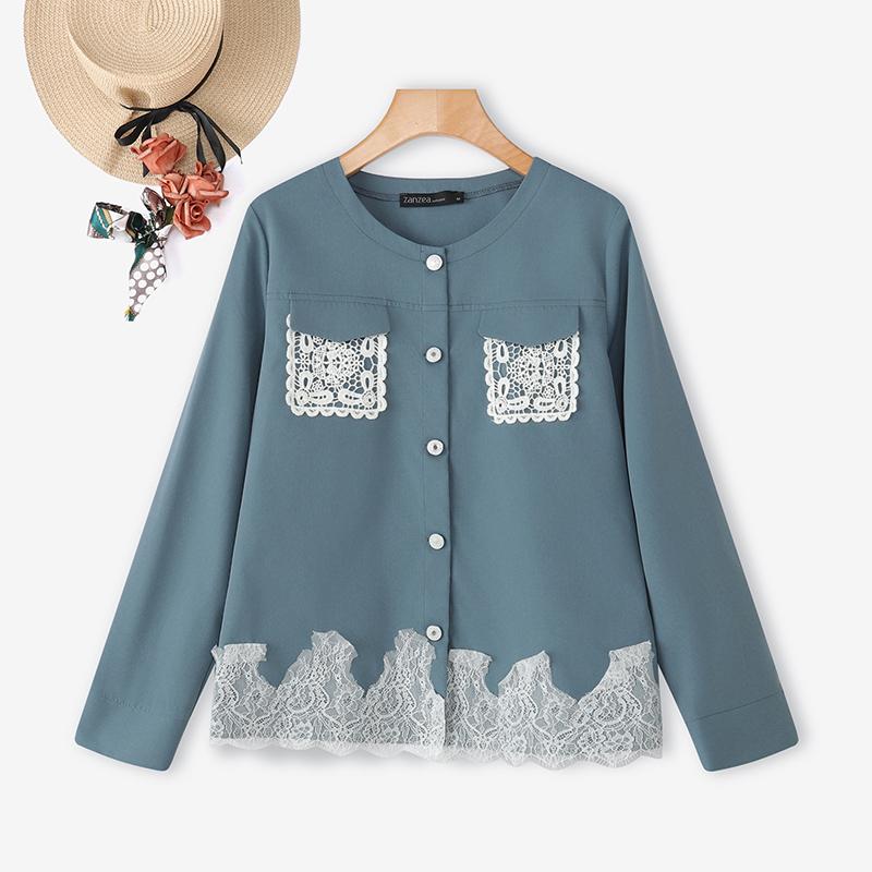 ZANZEA Women Casual Round Neck Loose Lace Splice Loose Blouse