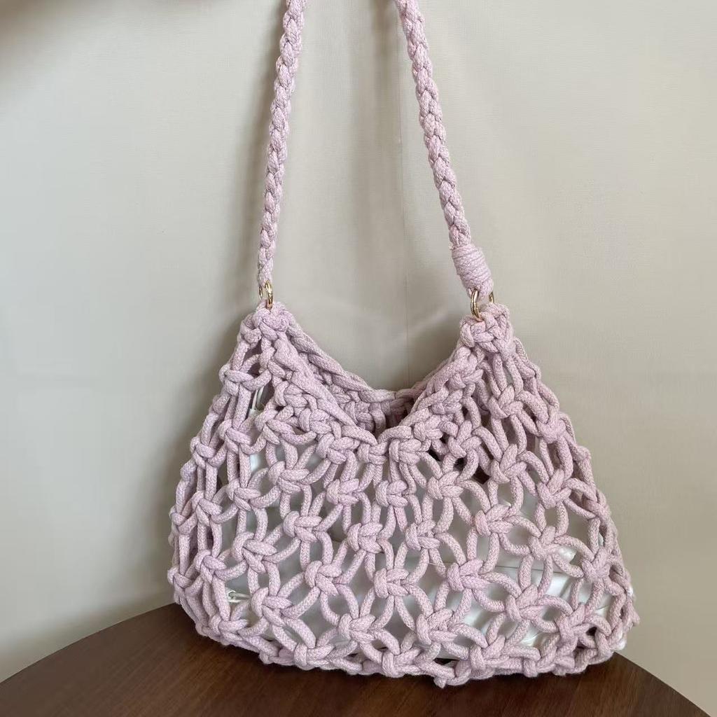 Summer Chic Solid Color Mesh Handbag Hollow Out Knitted Shoulder Bag Beach Tote Bag for Women
