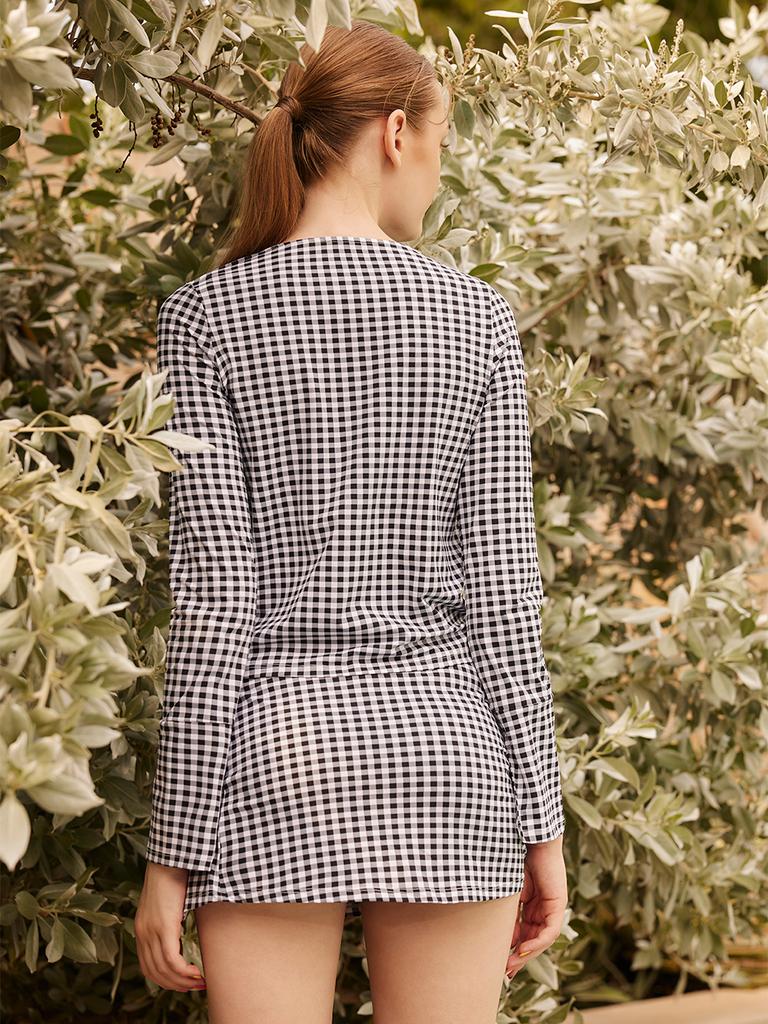 Bohemianbeullu Gingham V-Neck Drawstring In-Pad Rash Guard