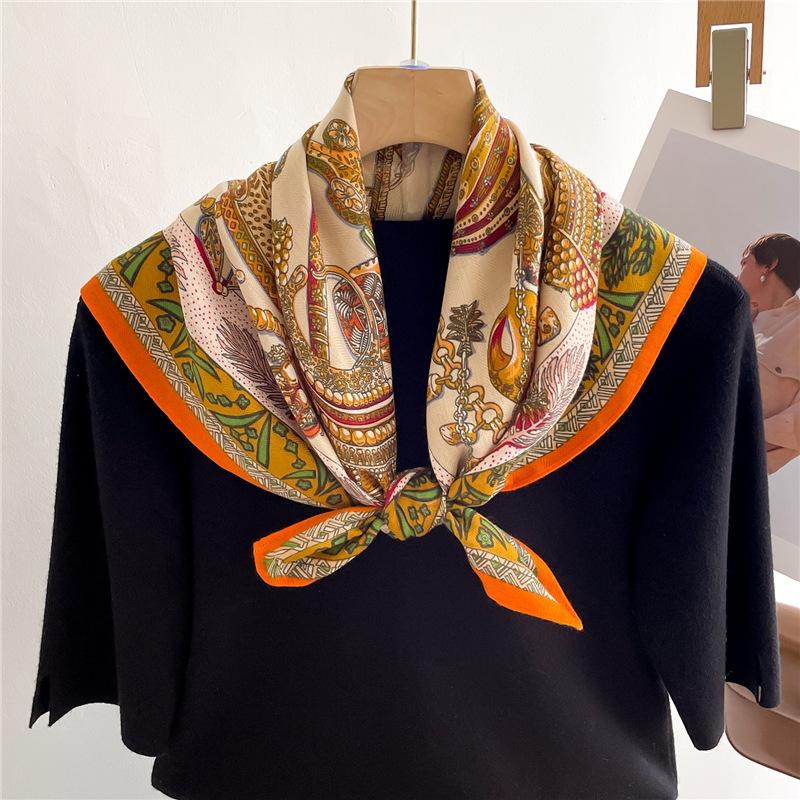 Temperament light luxury small square scarf new women's thin silk scarf herringbone pattern imitation velvet versatile headscarf scarf scarf women