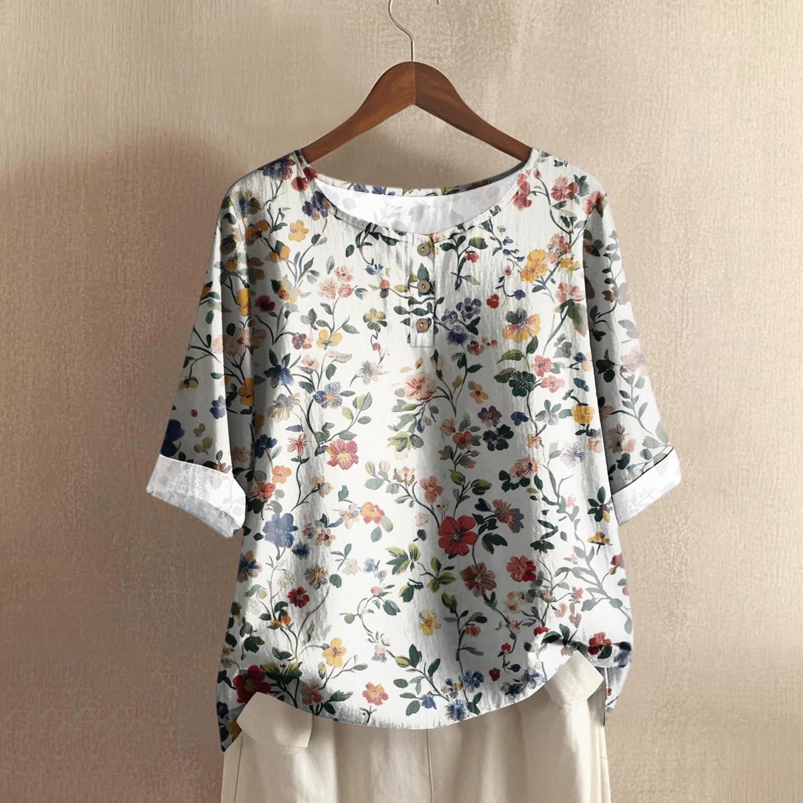 

Женский повседневный топ с рукавом средней длины, круглым вырезом, в стиле ретро, с цветочным принтом, из хлопка и льна XL белый