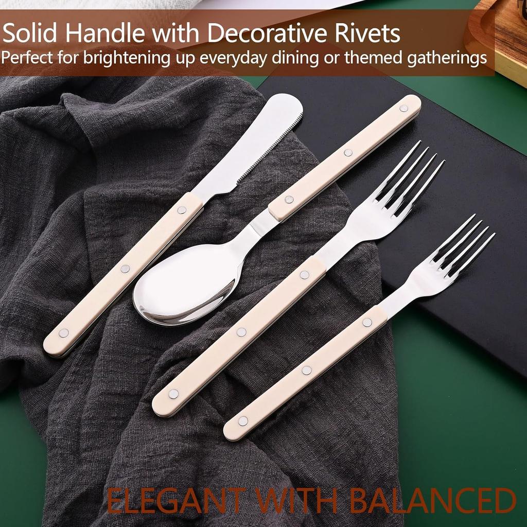 20 PCS Stainless Steel Flatware Set Service for 4, Retro Style  Tableware Forks Spoons Knives Eating Utensils, Acrylic Handle with Rivets Design