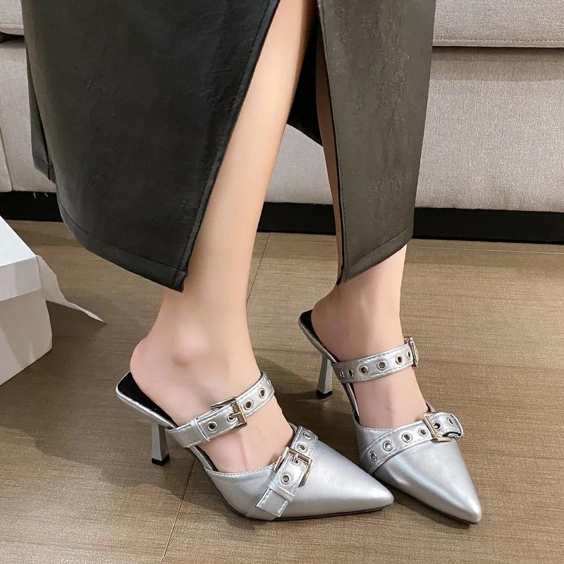 Fashion Low Sandals Woman Leather Suit Female Beige All-Match Large Size Block Heels Shoes Lady 2025 Round Toe Low-heeled Comfort Black