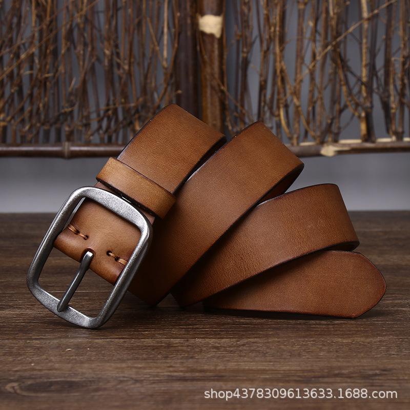 Men's Leather Belt Handmade Retro Distressed First Layer Pure Cattlehide Stainless Steel Buckle Genuine Leather Jeans Belt
