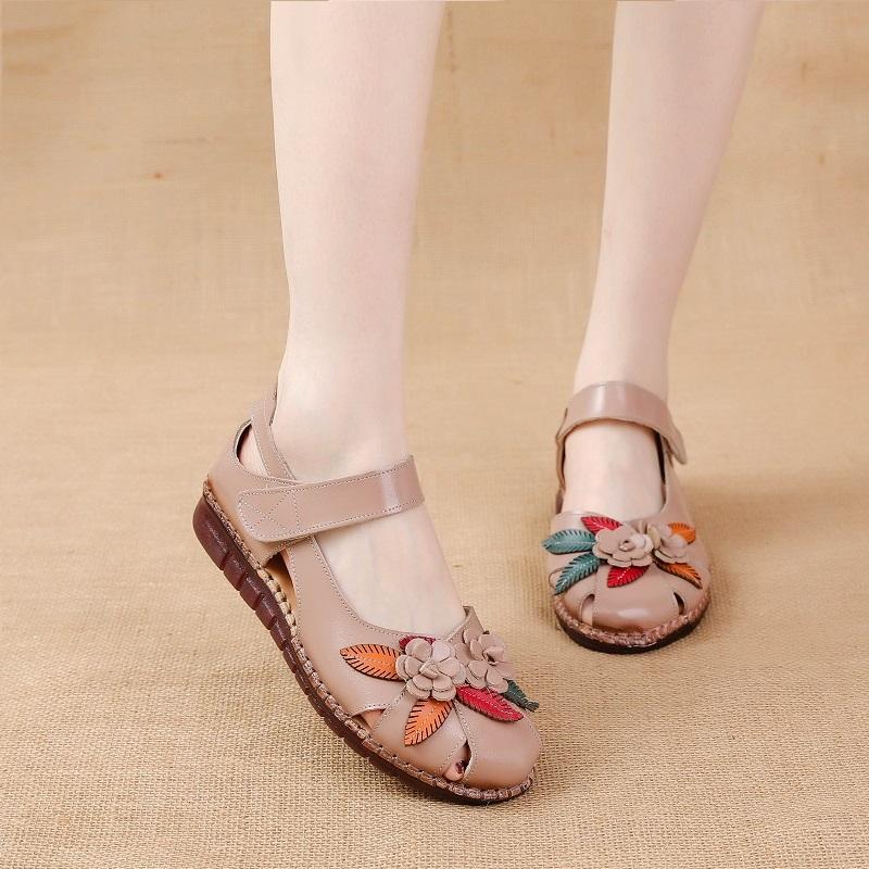 Rozmiar 42, płaskie sandały z prawdziwej skóry, damskie, letnie, z wycięciami, damskie, ortopedyczne sandały w stylu retro z motywem kwiatowym
