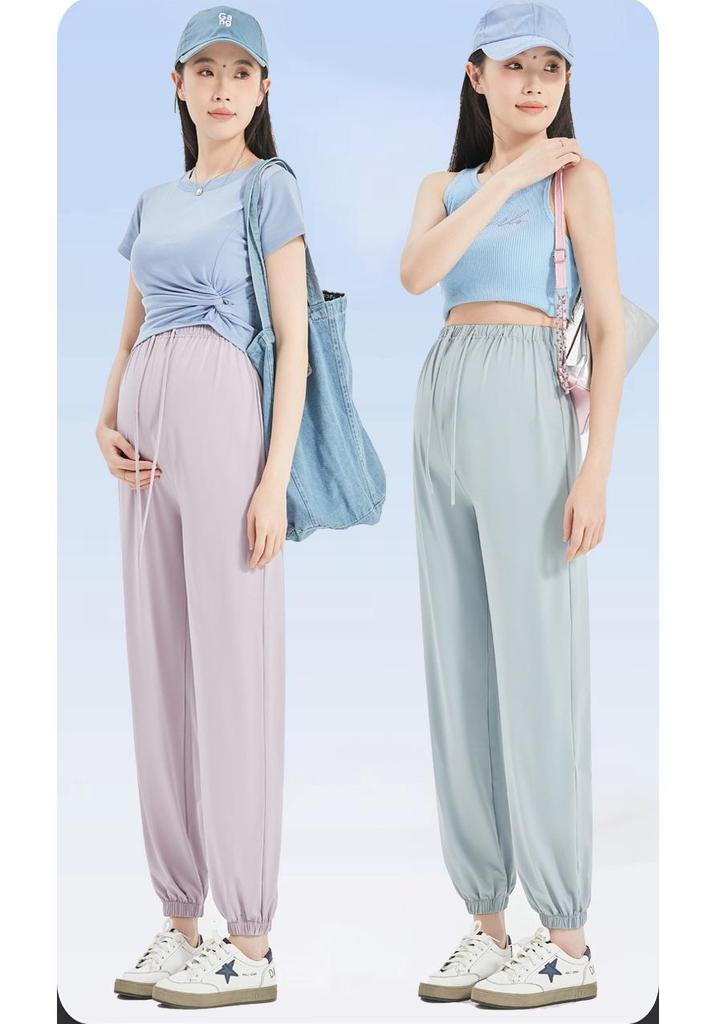 Summer Maternity Ice Silk Joggers - Quick-Dry, Lightweight, Cropped Sports Pants with Drawstring.