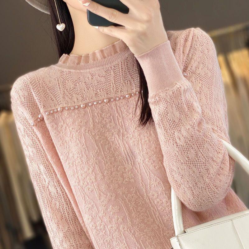Lace Sweater Women's Long-sleeved Cut-out Knitted Sweater with Korean-style Fashionable Beaded Pullover