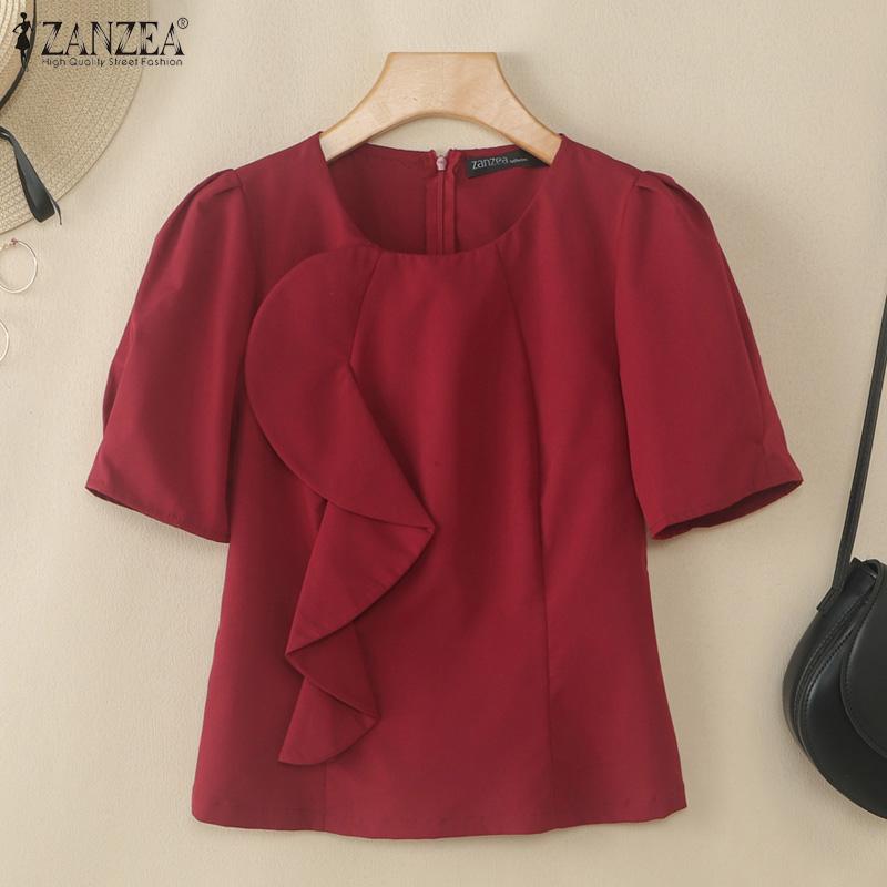 ZANZEA Women Elegant Round Neck Casual Short Sleeve Solid Blouse