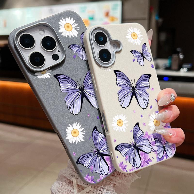 Butterflies Flowers Phone Case For iPhone 16 15 Pro Max 16e 15 14 Plus 13 12 Pro Max 11 Shockproof Leather Texture Soft Colourful Cover