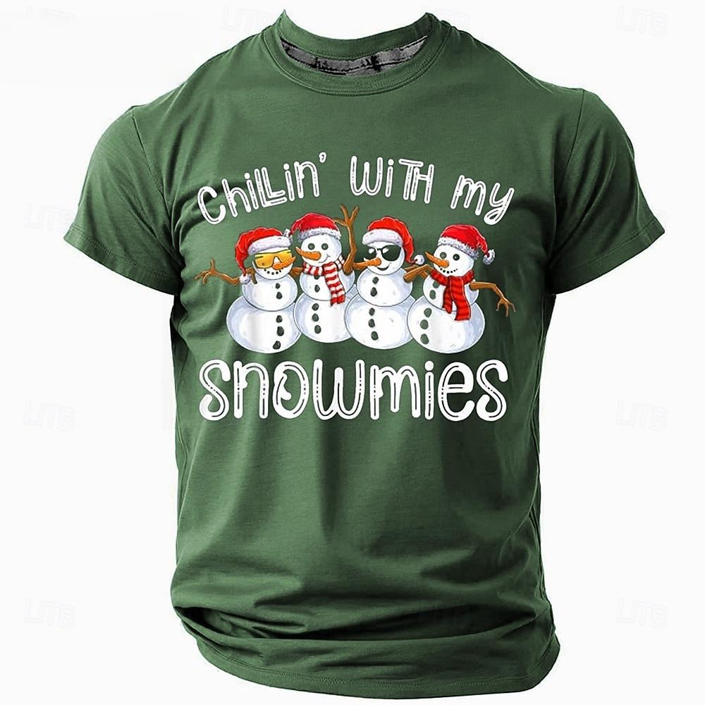 Happy Christmas Men's T-Shirt Cute Snowman Pattern Print Short Sleeves Casual Round Neck Pullover Tees New Year Men's Clothing