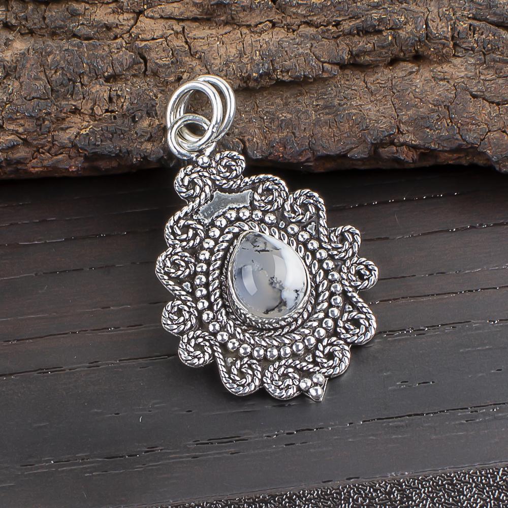 

Подвеска из стерлингового серебра 925 пробы с опалом дендритом, ручная работа, ювелирное изделие из драгоценных камней, подарок на день рождения 1.55 Inches белый