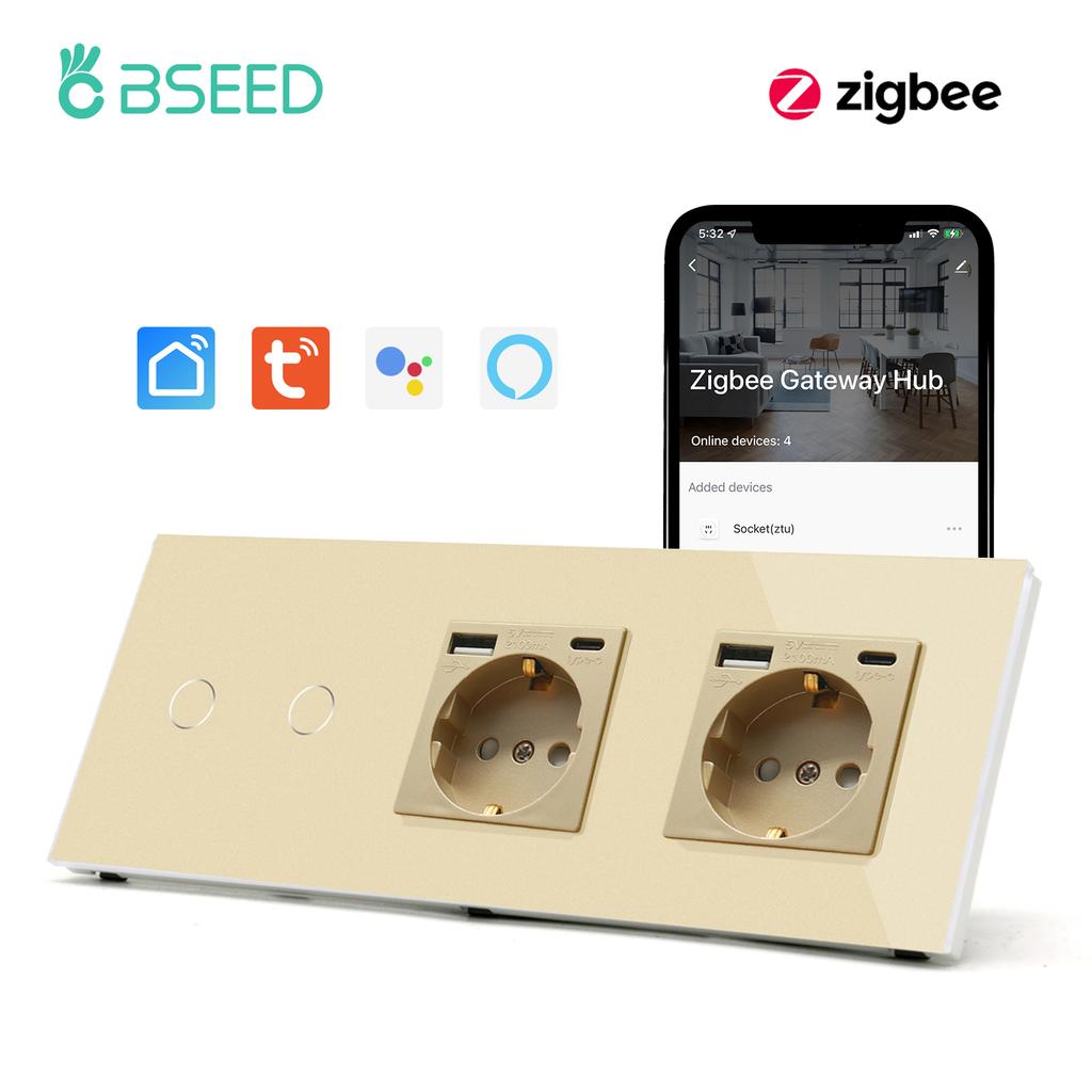 BSEED Zigbee 1/2/3Gang Wall Smart Switches 1/2/3Way Light Touch Switch with Typ-C USB EU Sockets Tuya Smart Life App Control
