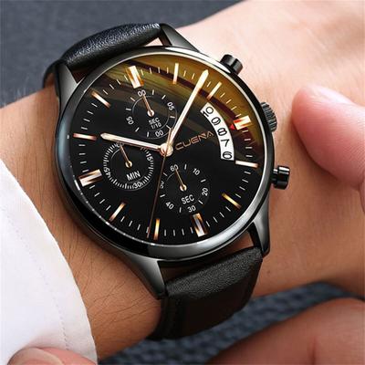 Moda masculina de esporte caixa de aço inoxidável pulseira de couro de quartzo analógico relógio de pulso