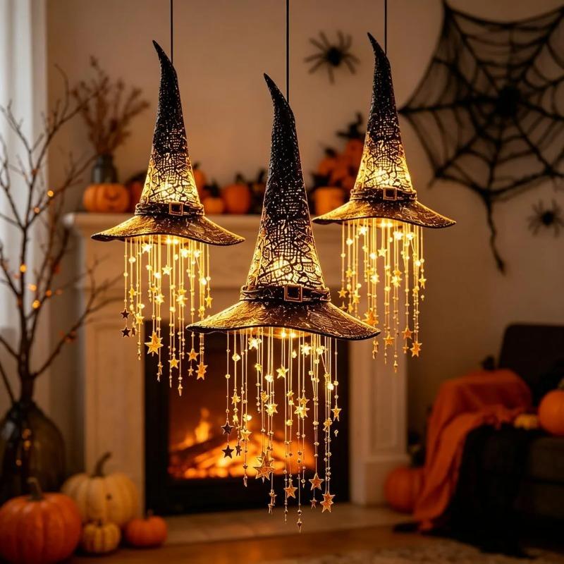 Lighted Witch Hat Hanging Chime, Halloween Outdoor Ornament, Glowing Mesh Cascading Stars, Black Frame Decoration, Party Decor