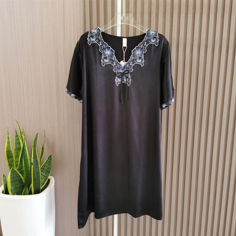 

Special Offer Sexy Ice Silk Nightdress Women s Summer Short Sleeve V-neck Lace Cinched Tie Slim-Fit Short Sleeve Silk Black All yards